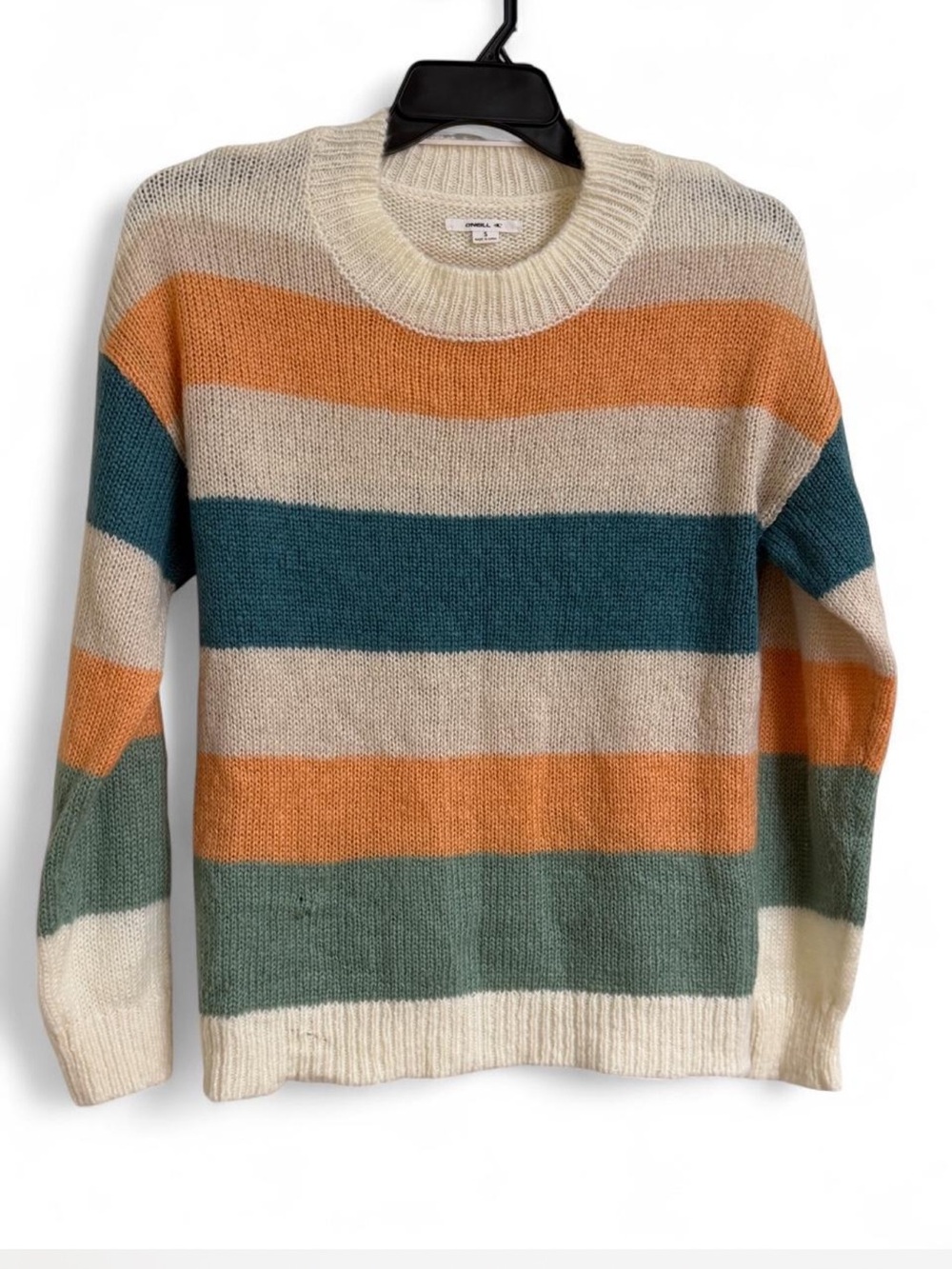 O'Neill Striped Crewneck Sweater in Cream, Teal, Orange & Sage